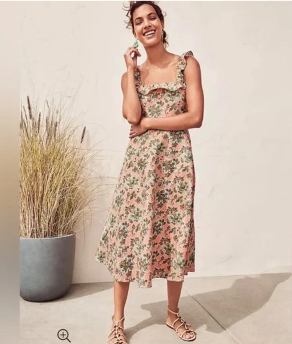 Ann Taylor Floral Ruffle Strap Midi Dress Size 14 Pink Green Spring